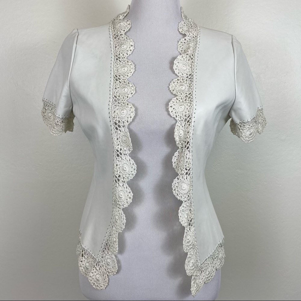 Lace-Trim White Short Sleeve Leather Jacket